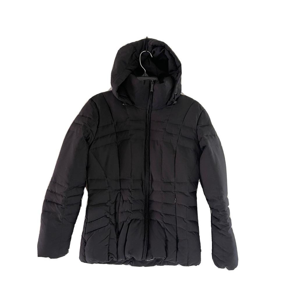 Calvin Klein Coat Women's Full Zip Black Puffer Hooded Jacket Sherpa Lined Sz S